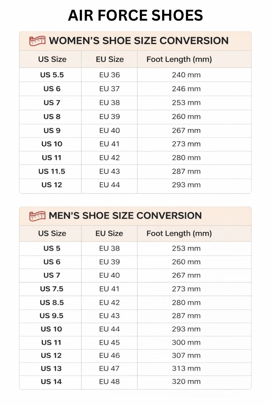 Air Force Shoes Size Chart - Dandadan Store